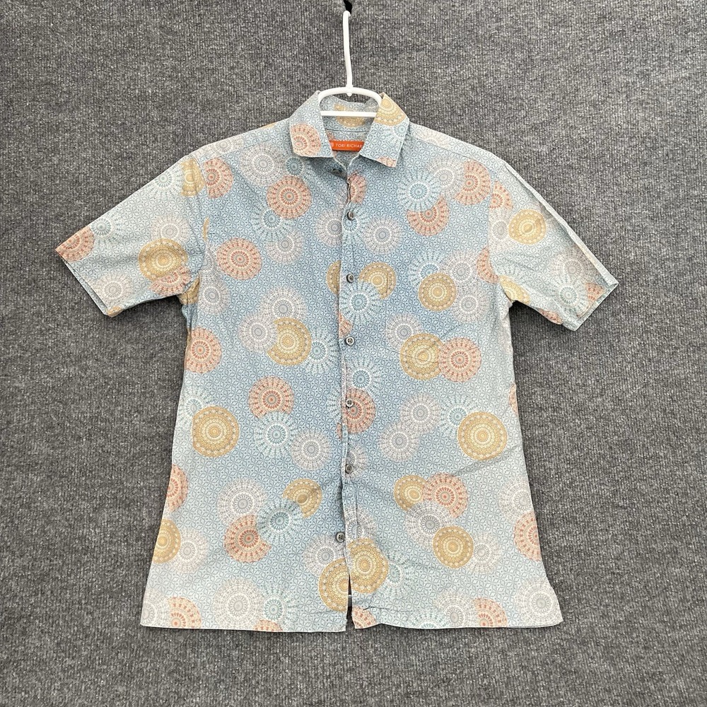 Tori Richard Shirt Men's Sz XS Geometric Pattern Short Sleeve Button Up Blue